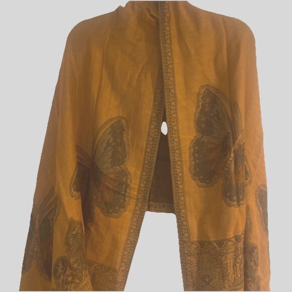 Beautiful Scarf Wrap Shawl Butterfly And Floral Design Orange Brown Fringe 70x26 - Picture 1 of 7